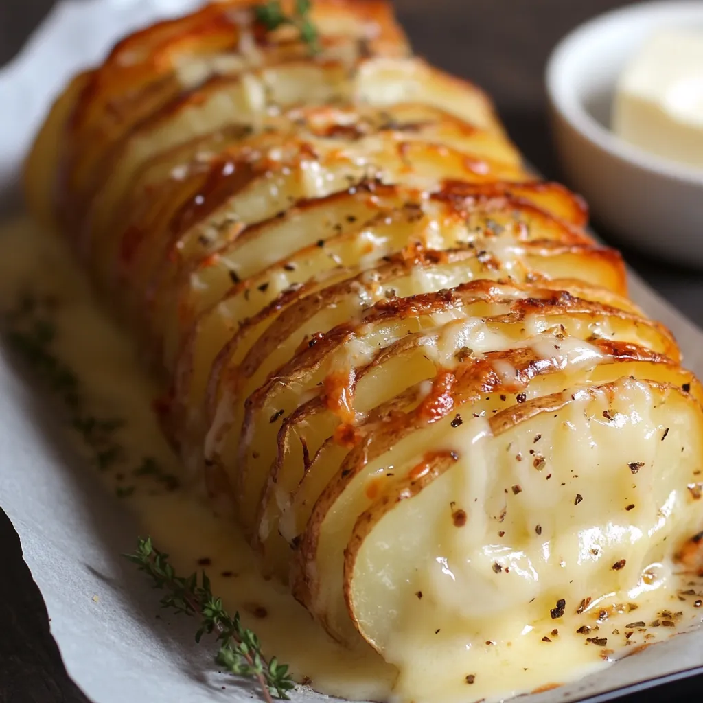Gratin roulé de pommes de terre mille-feuille doré et tranché prêt à être servi