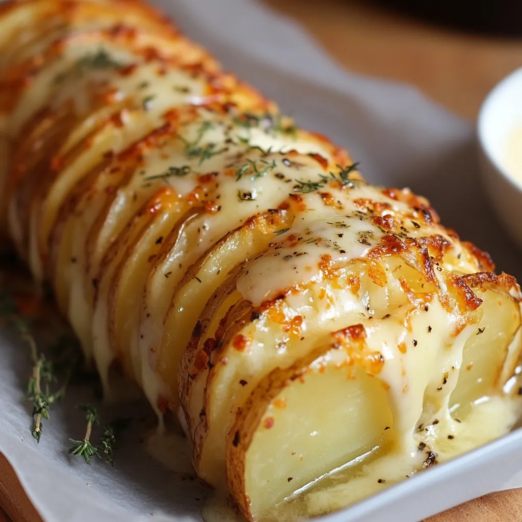 Gratin roulé de pommes de terre mille-feuille doré et tranché prêt à être servi