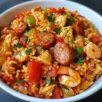 Assiette de Jambalaya Créole Savoureuse avec riz, poulet, chorizo et crevettes, servie chaude et garnie de persil.