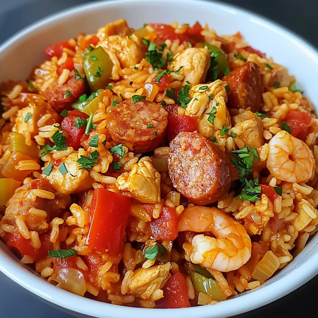 Assiette de Jambalaya Créole Savoureuse avec riz, poulet, chorizo et crevettes, servie chaude et garnie de persil.