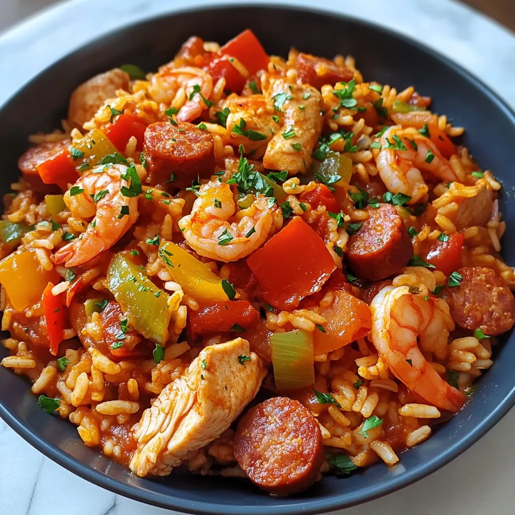 Assiette de Jambalaya Créole Savoureuse avec riz, poulet, chorizo et crevettes, servie chaude et garnie de persil.