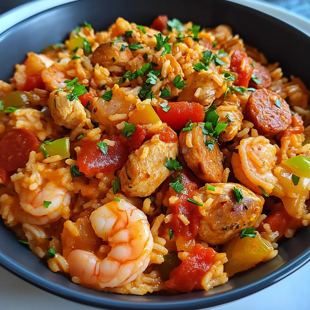Assiette de Jambalaya Créole Savoureuse avec riz, poulet, chorizo et crevettes, servie chaude et garnie de persil.