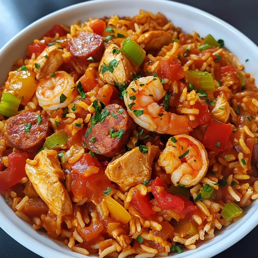 Assiette de Jambalaya Créole Savoureuse avec riz, poulet, chorizo et crevettes, servie chaude et garnie de persil.