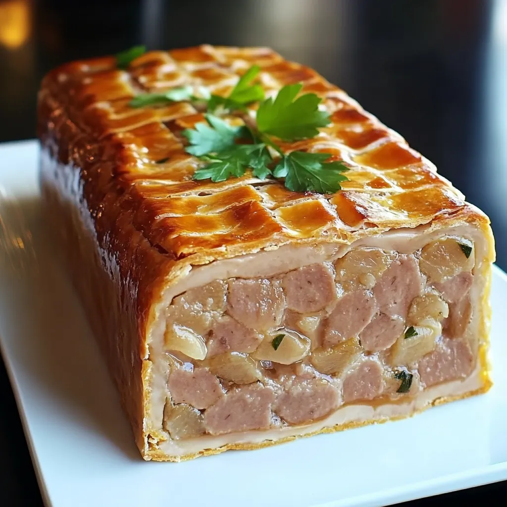 Pâté lorrain fait maison doré et feuilleté, garni de viande marinée, présenté sur une planche en bois.