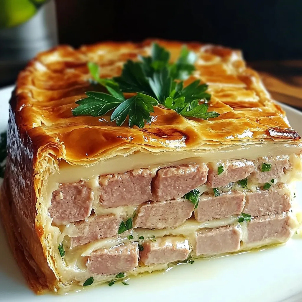 Pâté lorrain fait maison doré et feuilleté, garni de viande marinée, présenté sur une planche en bois.
