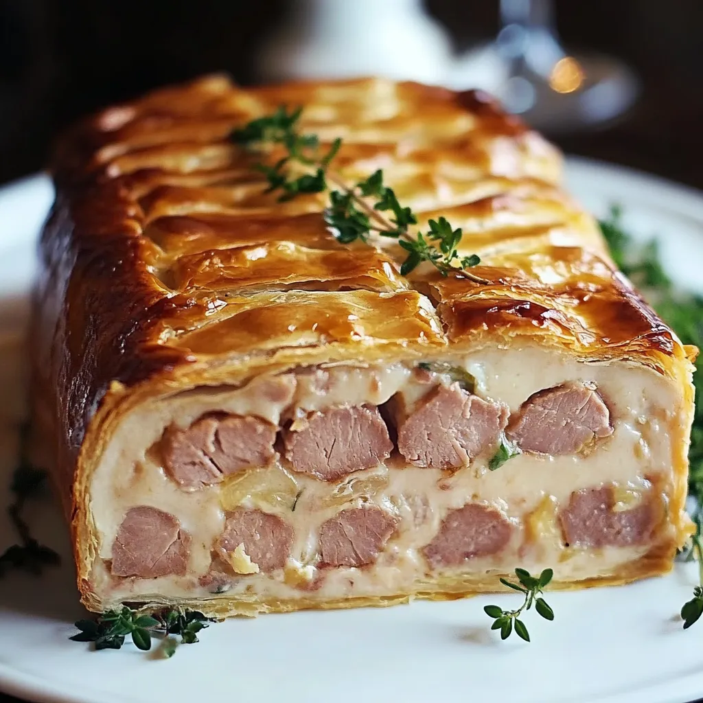 Pâté lorrain fait maison doré et feuilleté, garni de viande marinée, présenté sur une planche en bois.