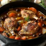 Lapin à l’Italienne doré en cocotte avec romarin, ail et laurier