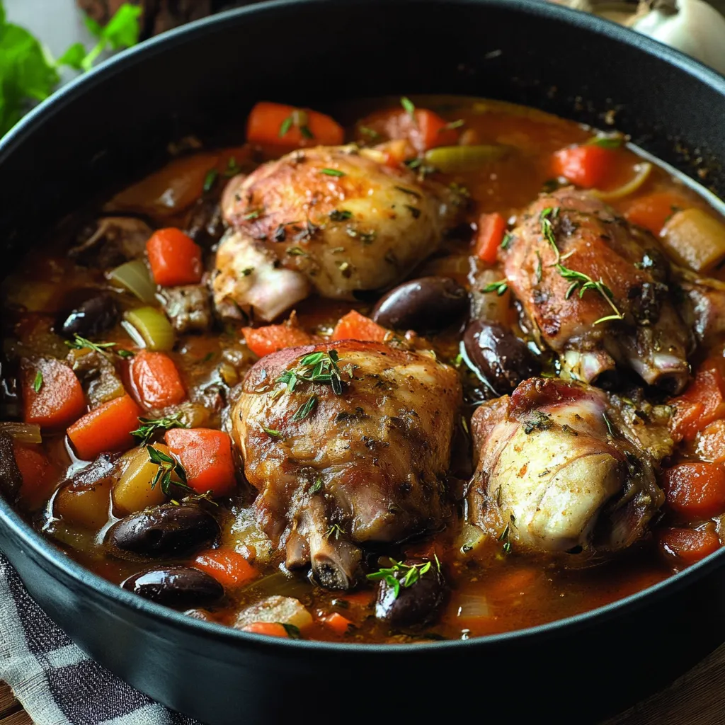 Lapin à l’Italienne doré en cocotte avec romarin, ail et laurier