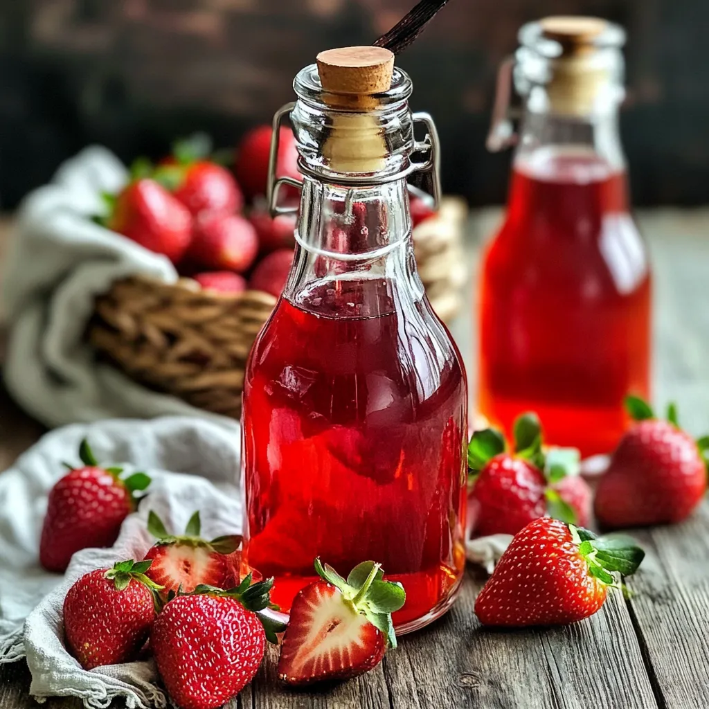 Liqueur de fraise maison dans une bouteille en verre, accompagnée de fraises fraîches et feuilles de menthe