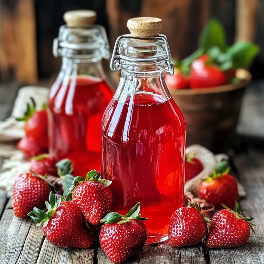 Liqueur de fraise maison dans une bouteille en verre, accompagnée de fraises fraîches et feuilles de menthe