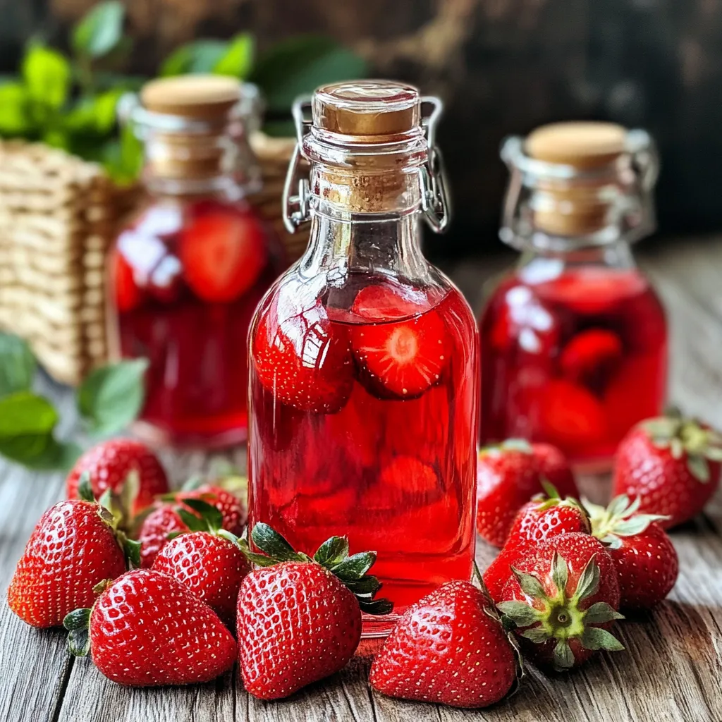 Liqueur de fraise maison dans une bouteille en verre, accompagnée de fraises fraîches et feuilles de menthe