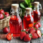 Liqueur de fraise maison dans une bouteille en verre, accompagnée de fraises fraîches et feuilles de menthe
