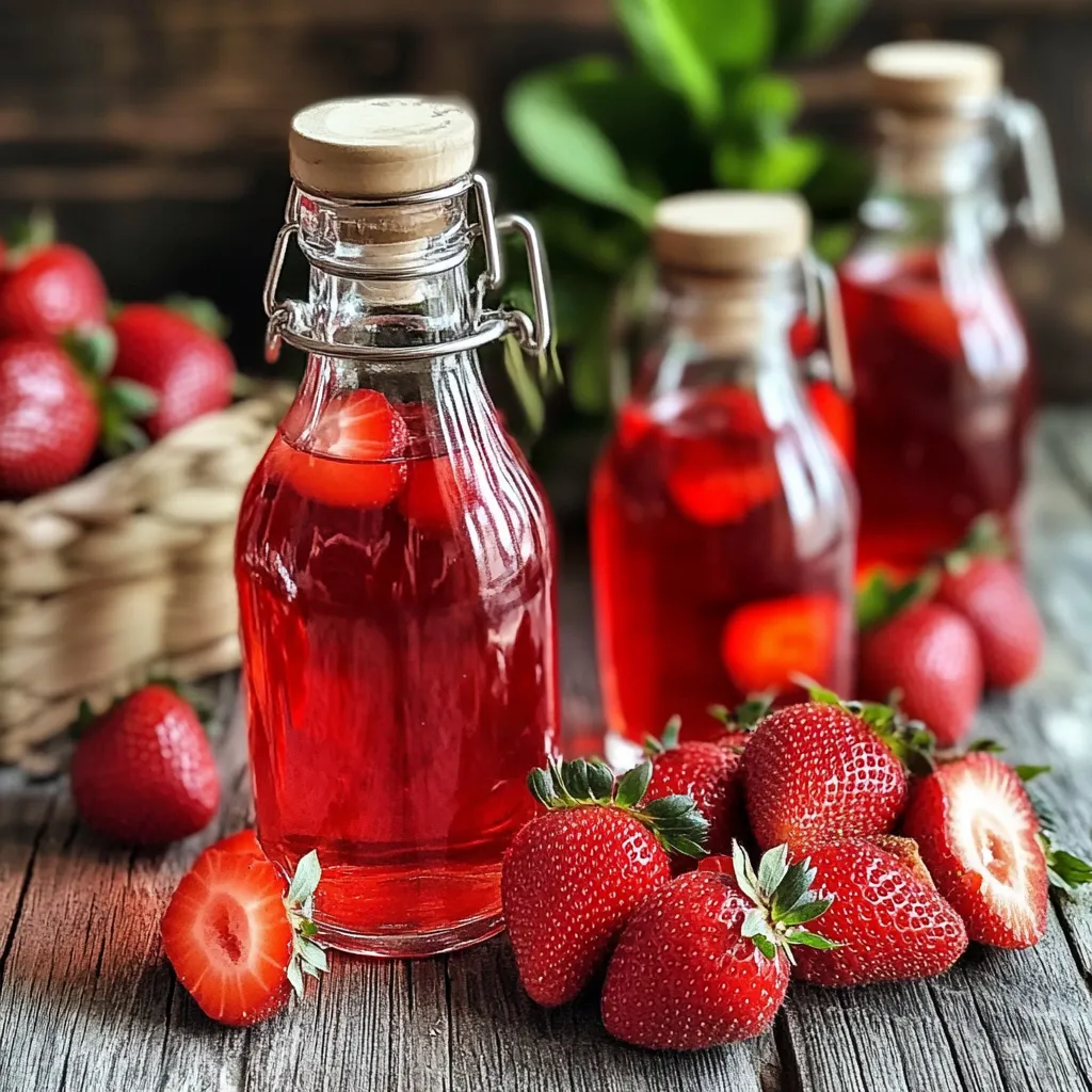 Liqueur de fraise maison dans une bouteille en verre, accompagnée de fraises fraîches et feuilles de menthe