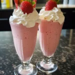 Verre de milkshake à la fraise maison décoré de chantilly et d’une fraise fraîche