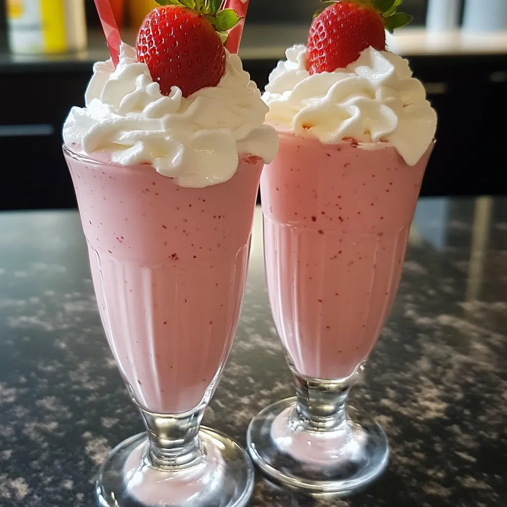 Verre de milkshake à la fraise maison décoré de chantilly et d’une fraise fraîche