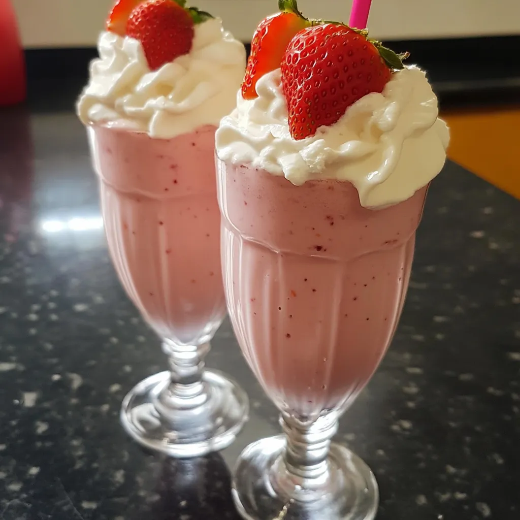 Verre de milkshake à la fraise maison décoré de chantilly et d’une fraise fraîche