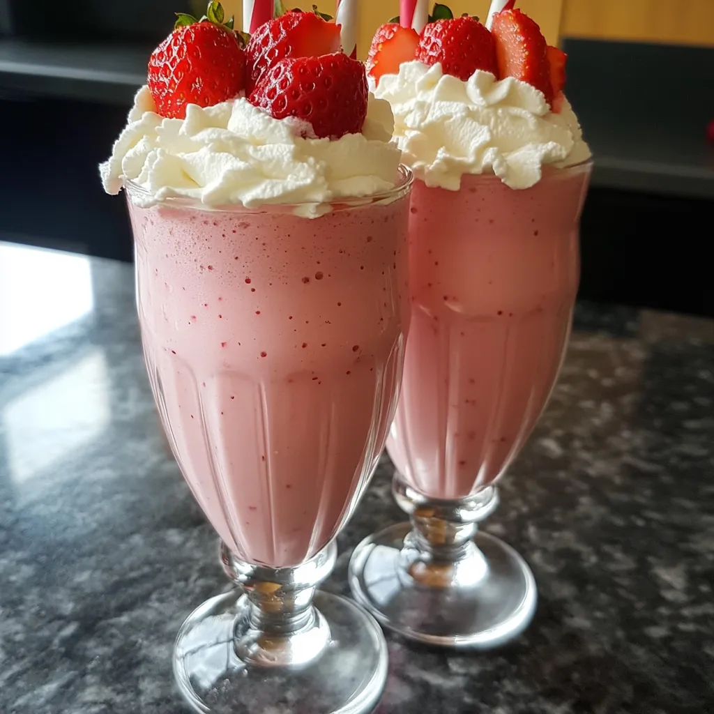 Verre de milkshake à la fraise maison décoré de chantilly et d’une fraise fraîche