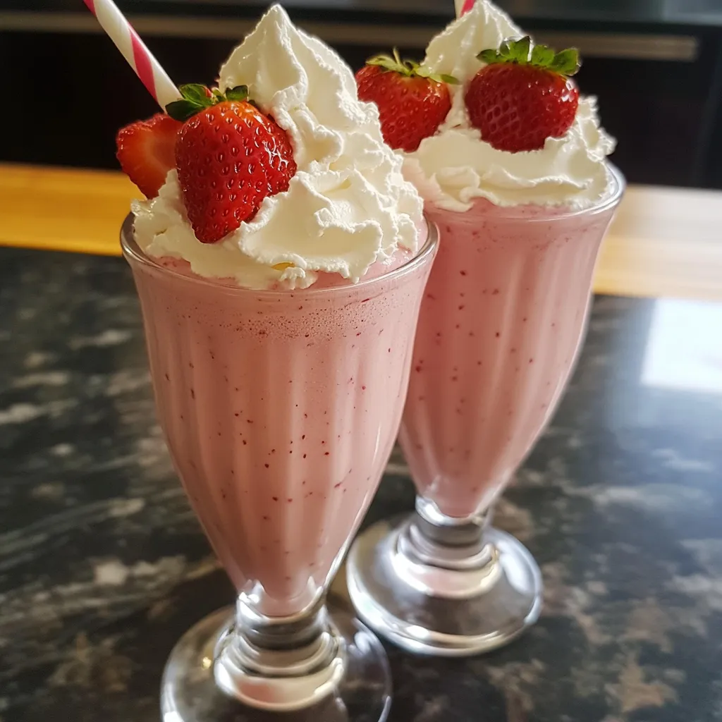 Verre de milkshake à la fraise maison décoré de chantilly et d’une fraise fraîche