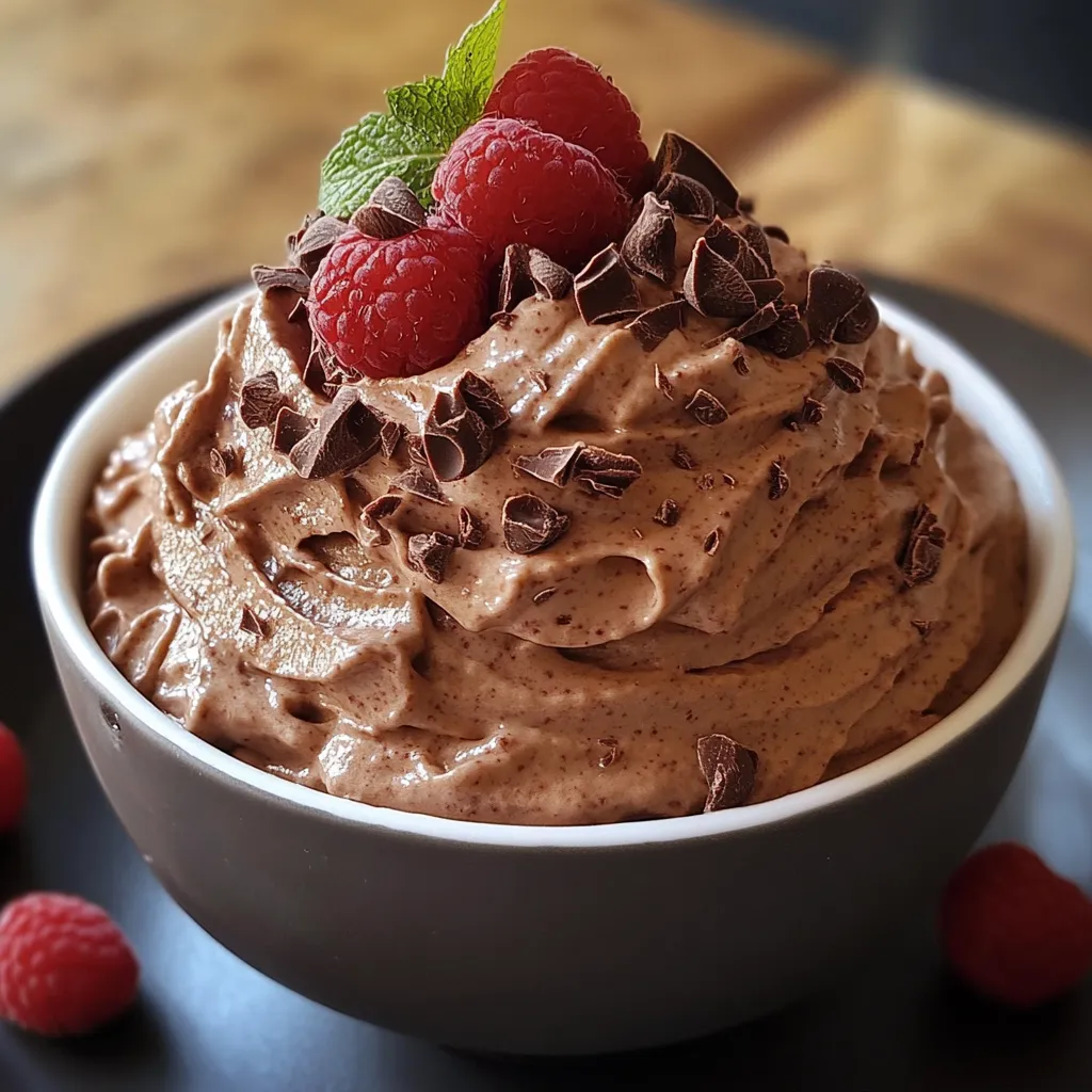Mousse mascarpone au chocolat servie en verrine, décorée de copeaux de chocolat noir et fruits rouges