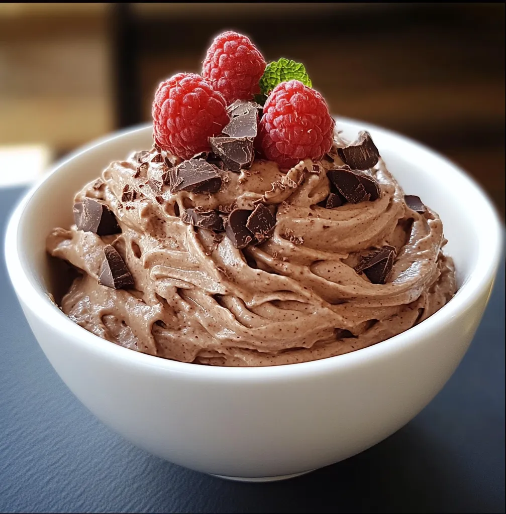 Mousse mascarpone au chocolat servie en verrine, décorée de copeaux de chocolat noir et fruits rouges