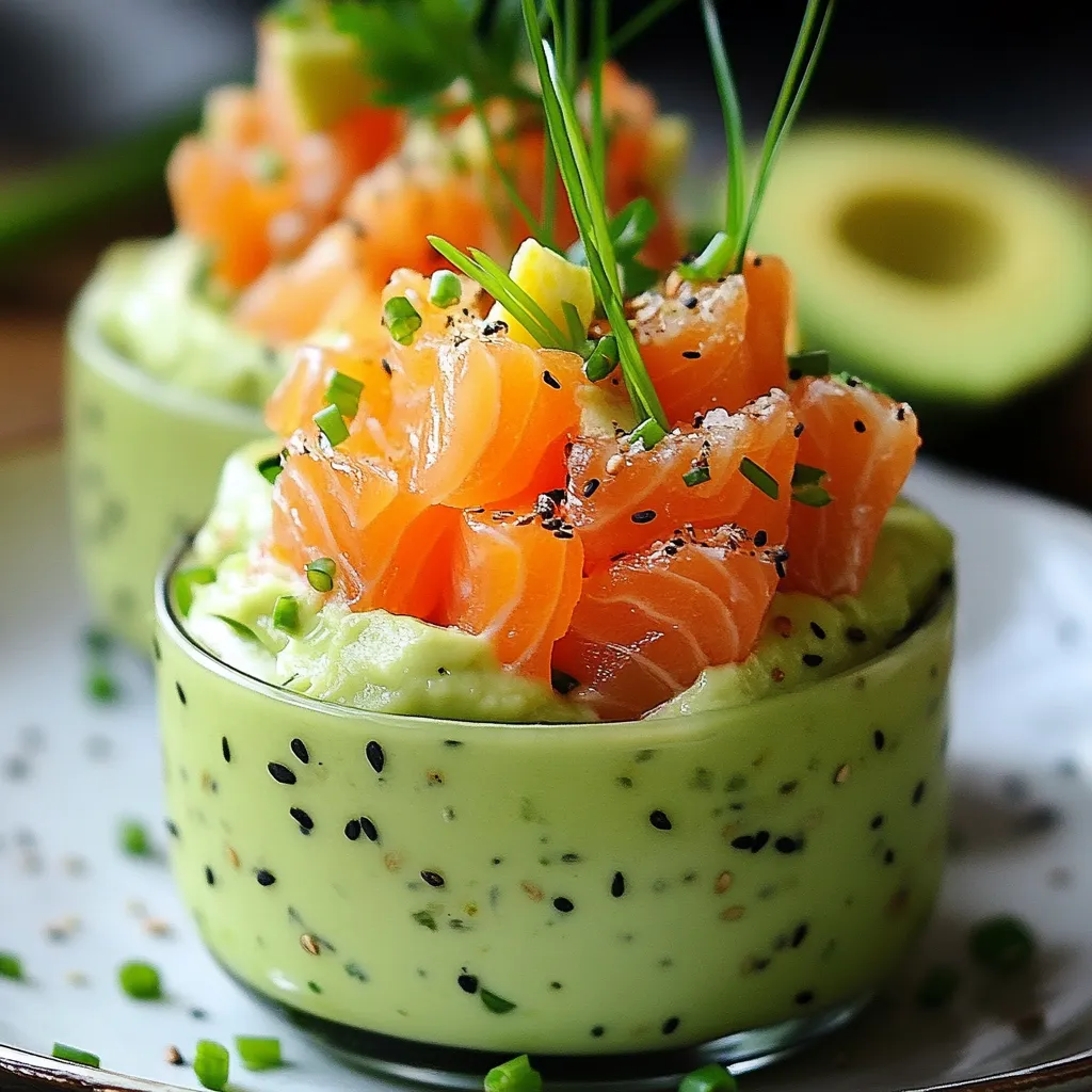 Verrines de mousse à l’avocat et au saumon fumé, servies avec des toasts croustillants.
