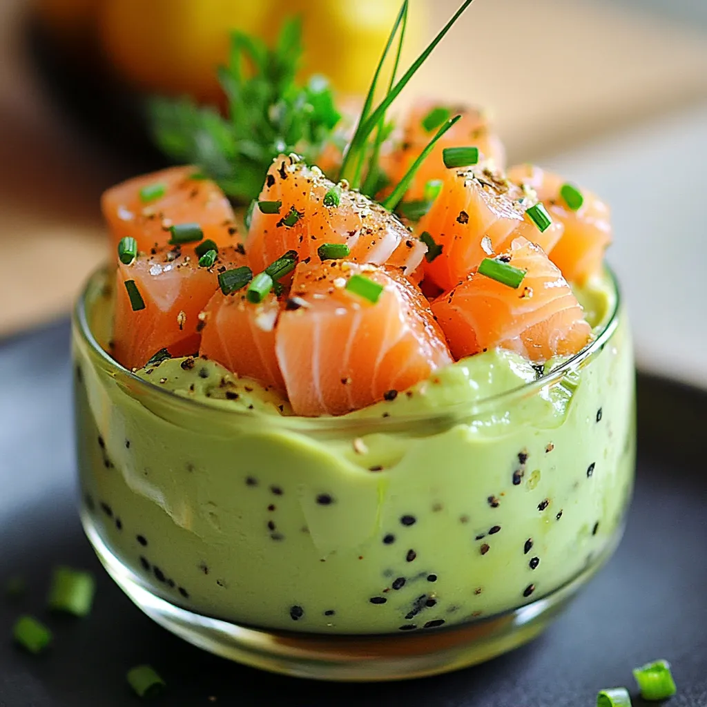 Verrines de mousse à l’avocat et au saumon fumé, servies avec des toasts croustillants.