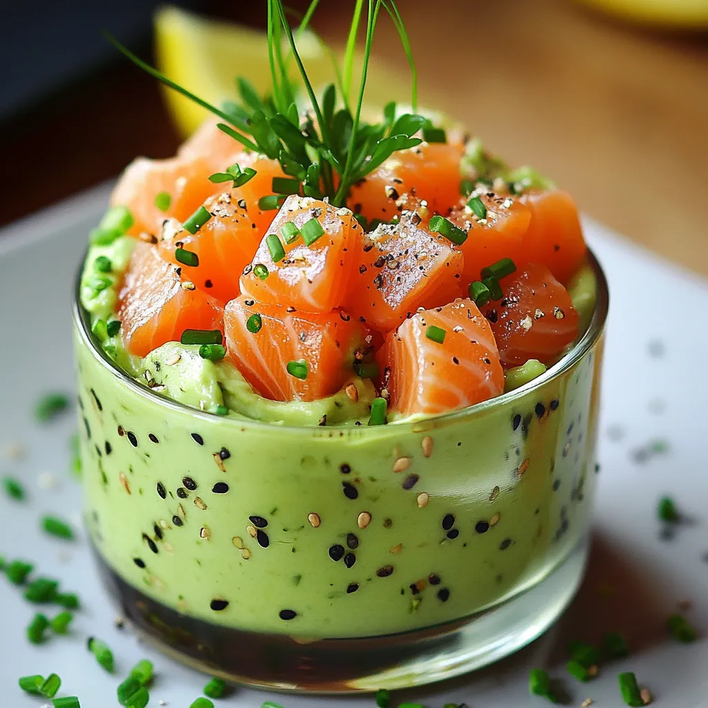Verrines de mousse à l’avocat et au saumon fumé, servies avec des toasts croustillants.