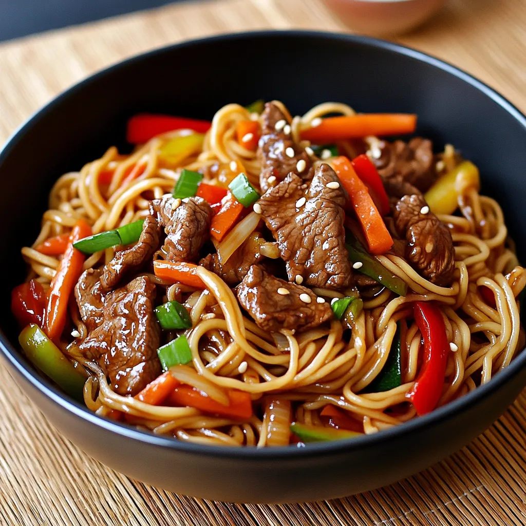 Nouilles chinoises au bœuf et légumes servies dans un bol avec graines de sésame et oignons verts