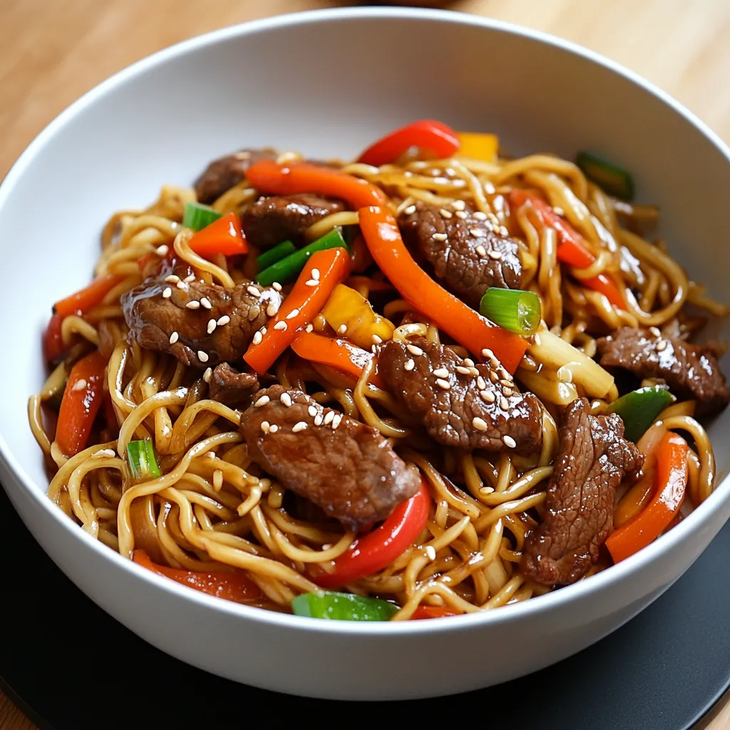 Nouilles chinoises au bœuf et légumes servies dans un bol avec graines de sésame et oignons verts