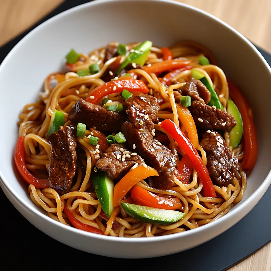 Nouilles chinoises au bœuf et légumes servies dans un bol avec graines de sésame et oignons verts