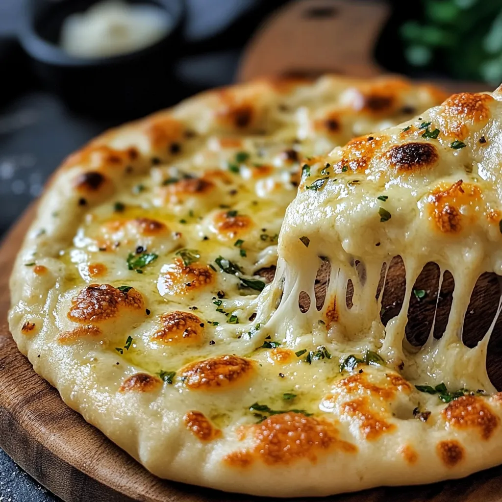Pain naan au fromage et ail maison doré à la poêle, garni d’herbes et de beurre fondu.