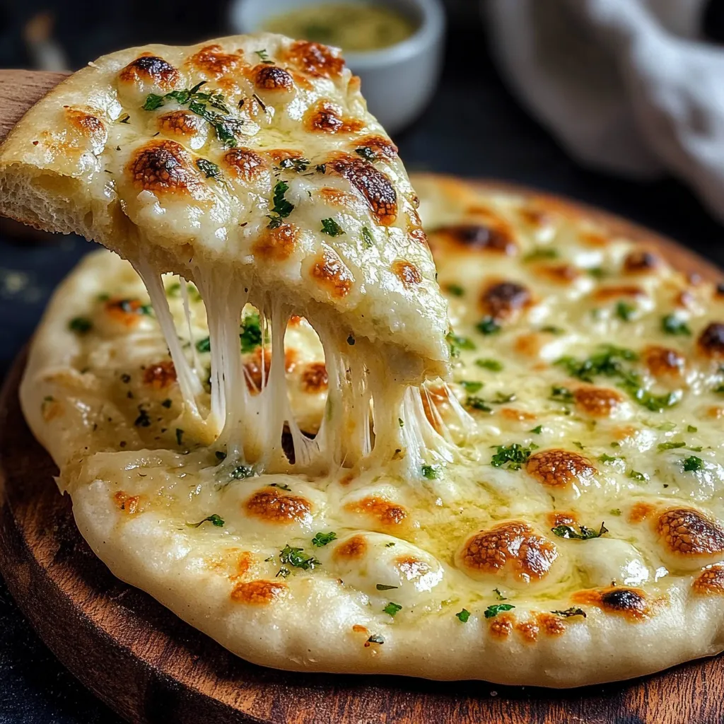 Pain naan au fromage et ail maison doré à la poêle, garni d’herbes et de beurre fondu.
