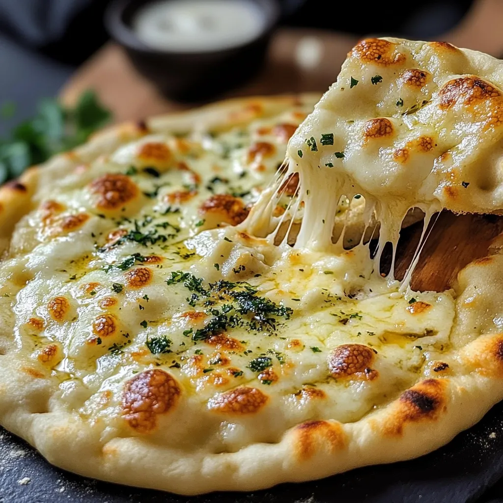Pain naan au fromage et ail maison doré à la poêle, garni d’herbes et de beurre fondu.
