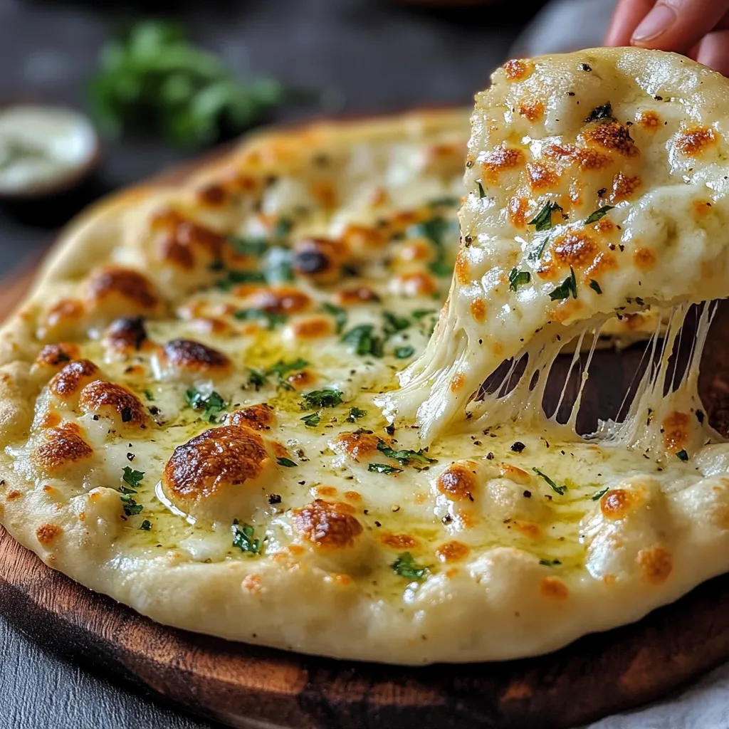 Pain naan au fromage et ail maison doré à la poêle, garni d’herbes et de beurre fondu.