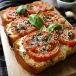 Pain à la tomate et basilic à l’ail servi doré sur une planche en bois, garni de feuilles de basilic frais.