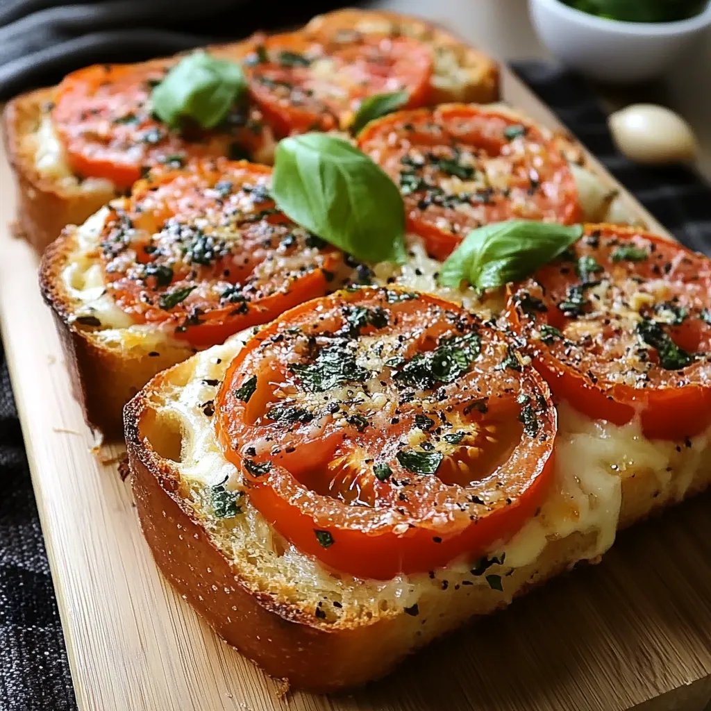 Pain à la tomate et basilic à l’ail servi doré sur une planche en bois, garni de feuilles de basilic frais.