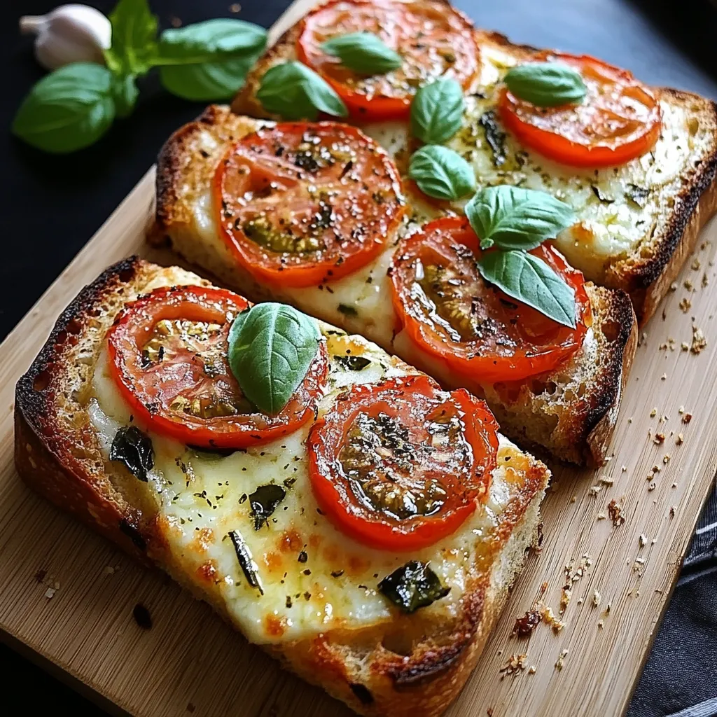 Pain à la tomate et basilic à l’ail servi doré sur une planche en bois, garni de feuilles de basilic frais.