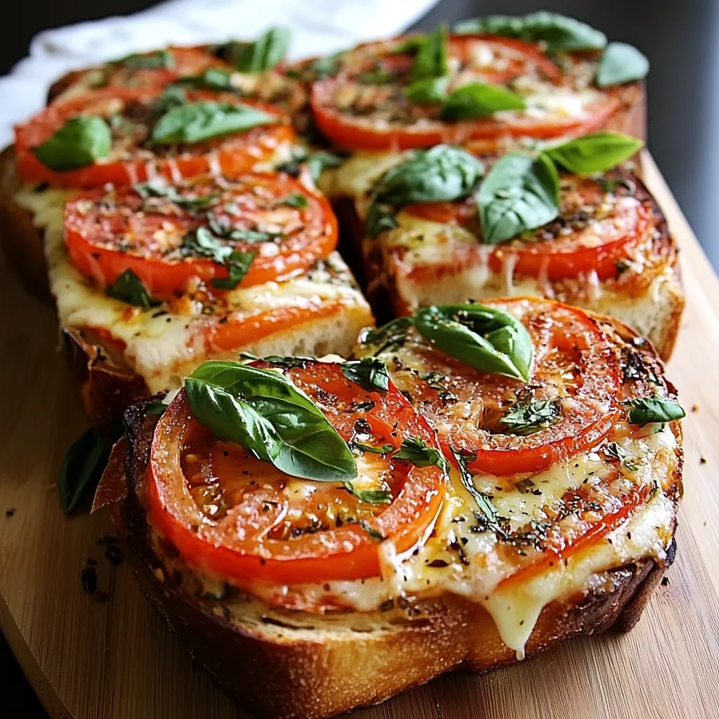 Pain à la tomate et basilic à l’ail servi doré sur une planche en bois, garni de feuilles de basilic frais.