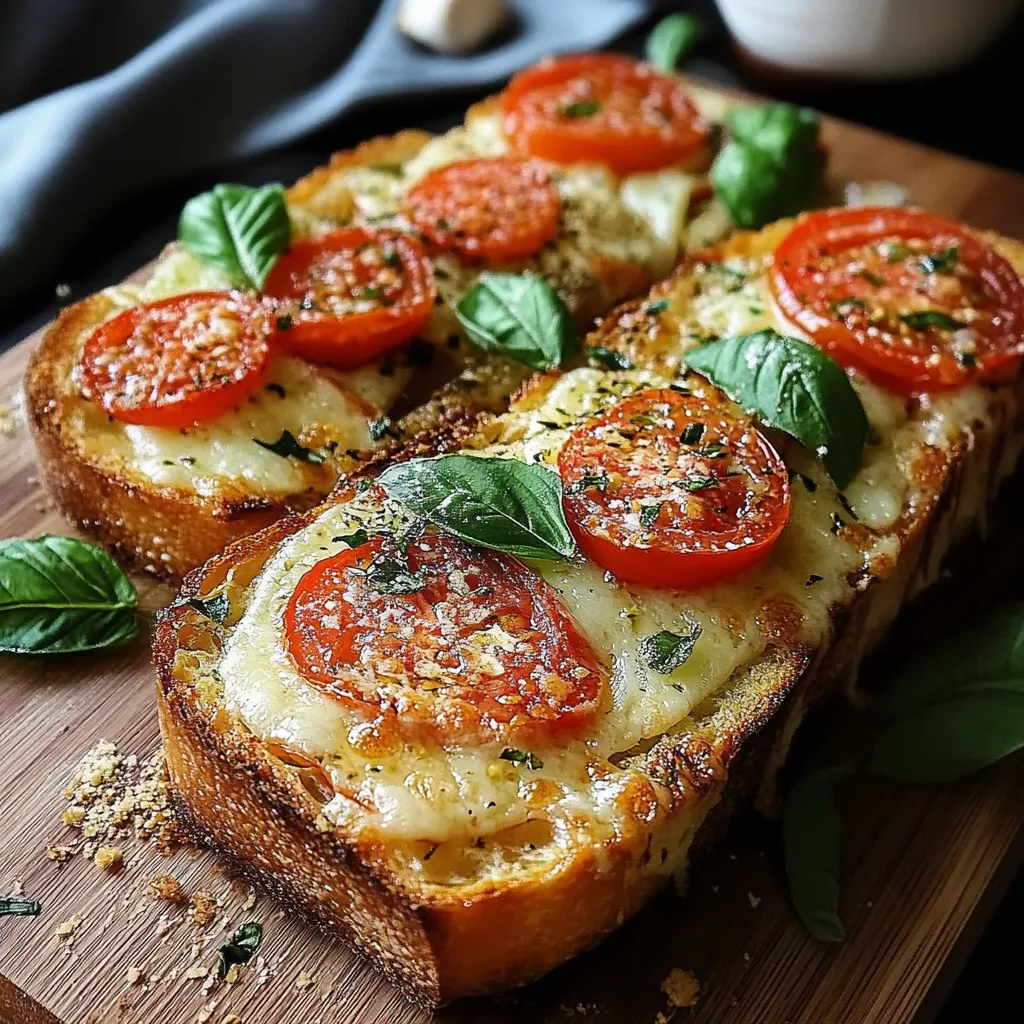 Pain à la tomate et basilic à l’ail servi doré sur une planche en bois, garni de feuilles de basilic frais.