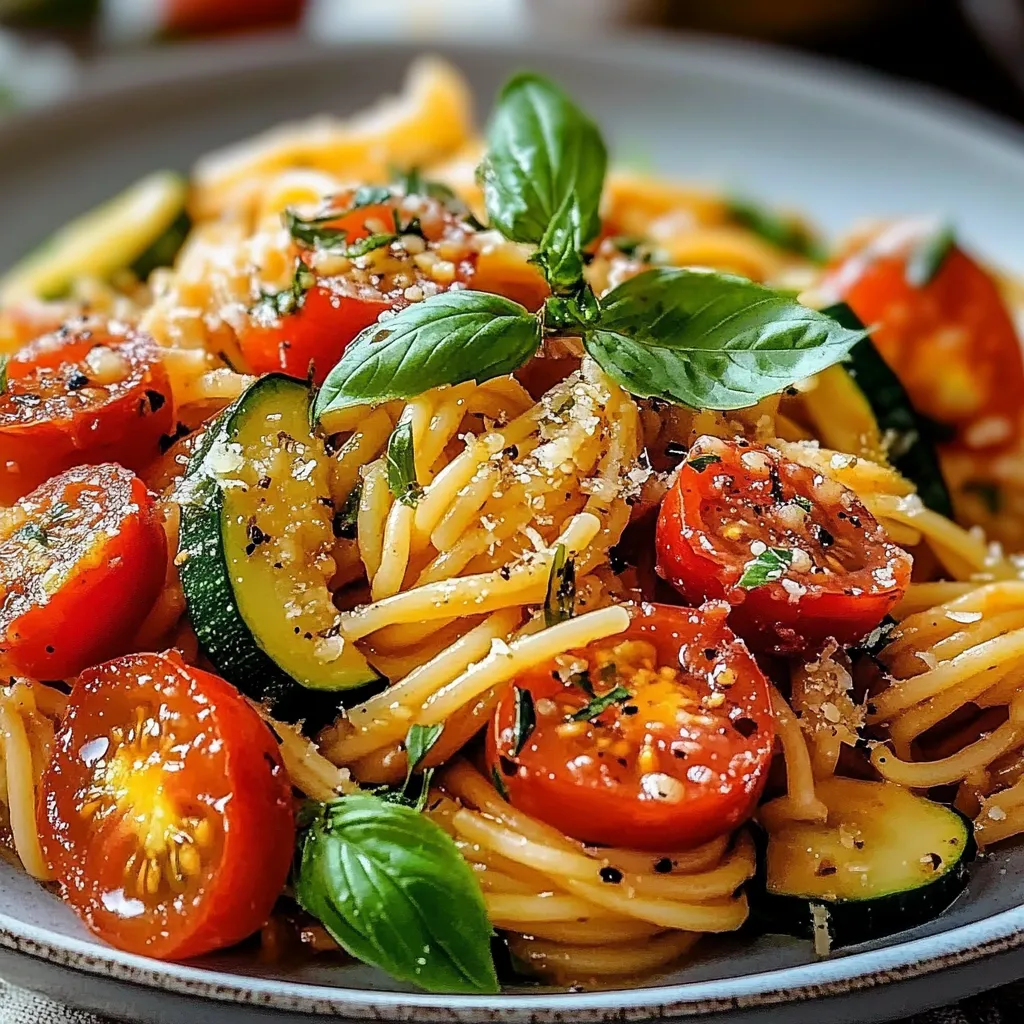 Un plat de pâtes complètes aux courgettes et tomates cerises dans une poêle, garni de basilic et fromage râpé.