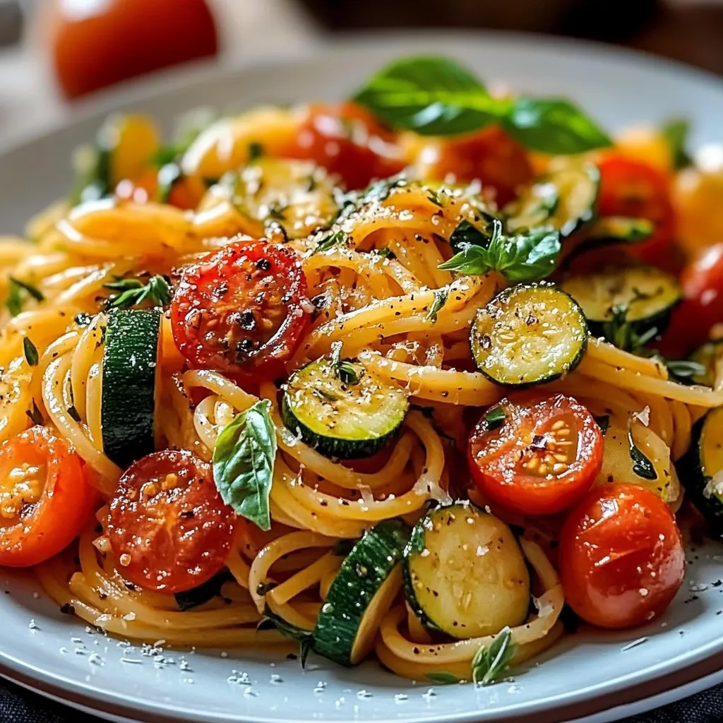 Un plat de pâtes complètes aux courgettes et tomates cerises dans une poêle, garni de basilic et fromage râpé.