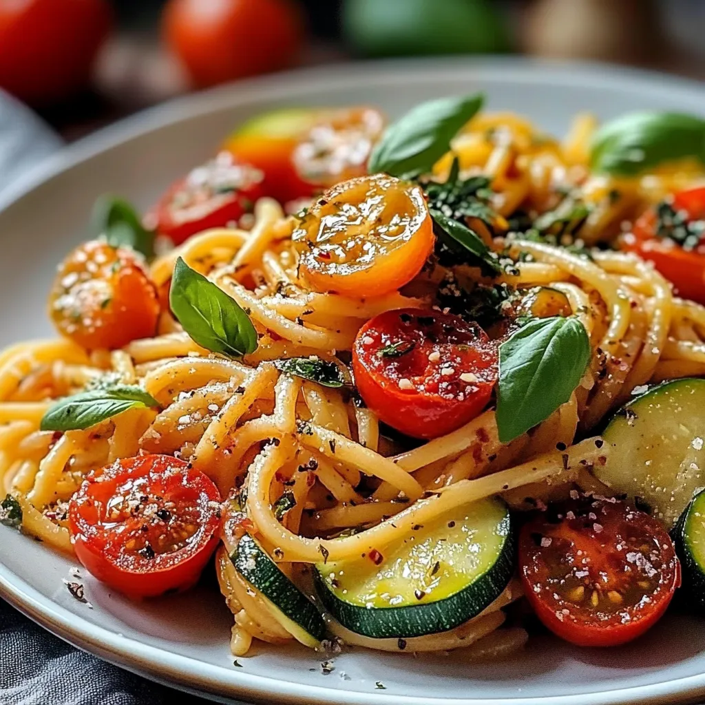 Un plat de pâtes complètes aux courgettes et tomates cerises dans une poêle, garni de basilic et fromage râpé.