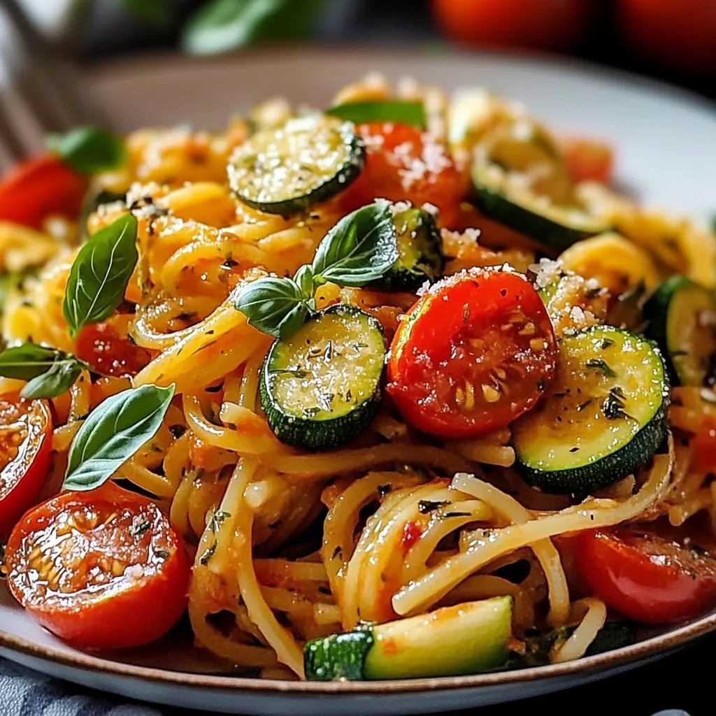 Un plat de pâtes complètes aux courgettes et tomates cerises dans une poêle, garni de basilic et fromage râpé.
