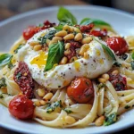 Assiette de spaghetti aux tomates confites avec burrata fondante et pignons grillés, garnie de basilic frais