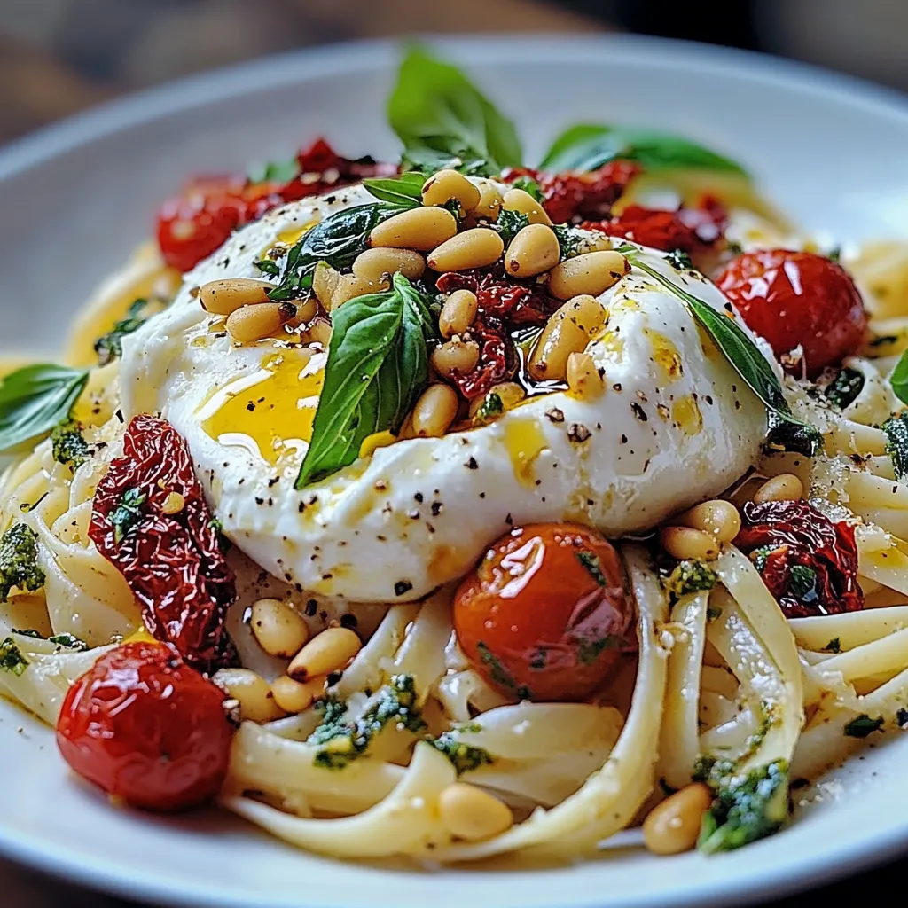 Assiette de spaghetti aux tomates confites avec burrata fondante et pignons grillés, garnie de basilic frais