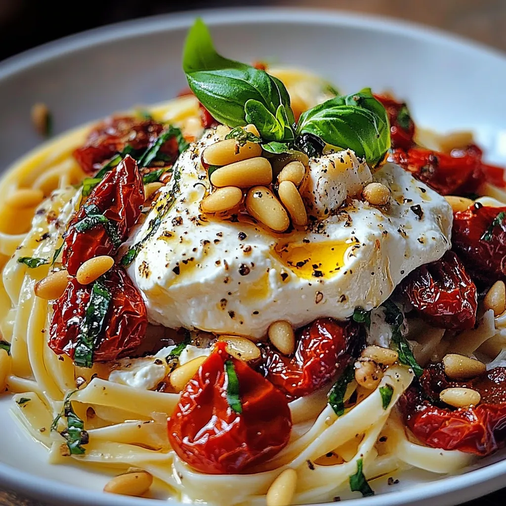 Assiette de spaghetti aux tomates confites avec burrata fondante et pignons grillés, garnie de basilic frais