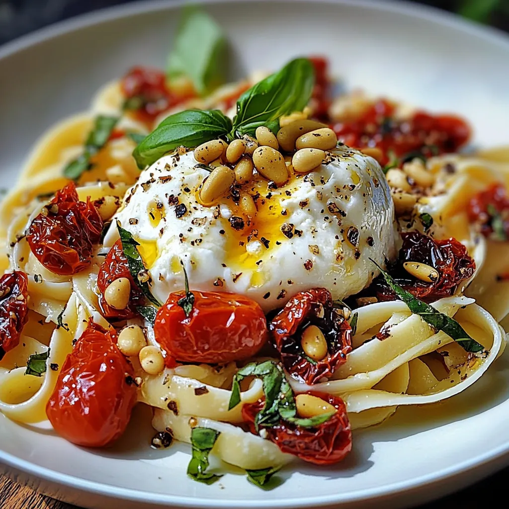 Assiette de spaghetti aux tomates confites avec burrata fondante et pignons grillés, garnie de basilic frais