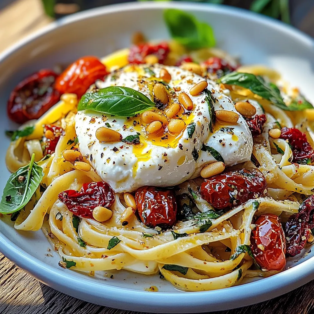 Assiette de spaghetti aux tomates confites avec burrata fondante et pignons grillés, garnie de basilic frais
