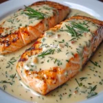 Pavé de saumon grillé nappé de sauce aux échalotes servi avec légumes vapeur
