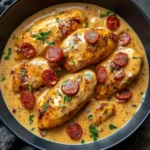 Aiguillettes de poulet nappées de sauce crémeuse au chorizo de bœuf servies dans une assiette rustique
